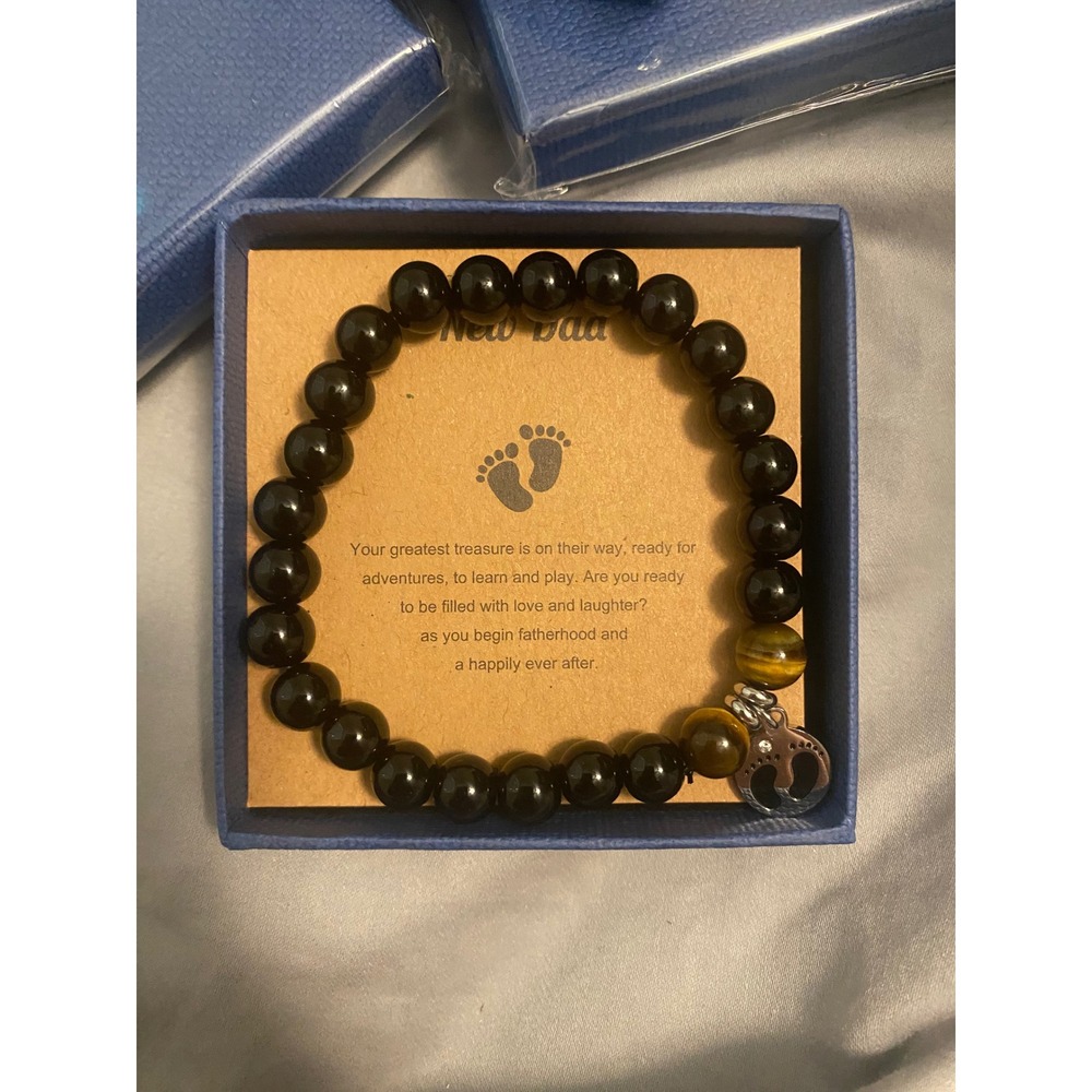 New Dad Gift Footprint Pendant Bead Bracelet Mens Black Obsidian Tigers Eye - Picture 7 of 7